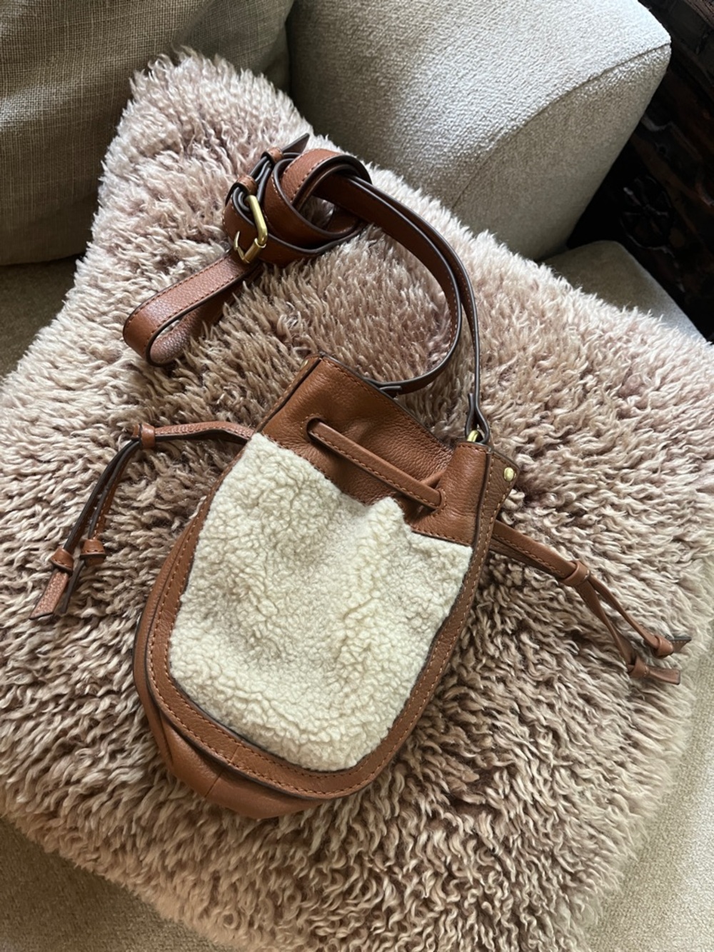 Crown Vintage Genuine Leather Mini Crossbody Bag with Faux Shearling Front